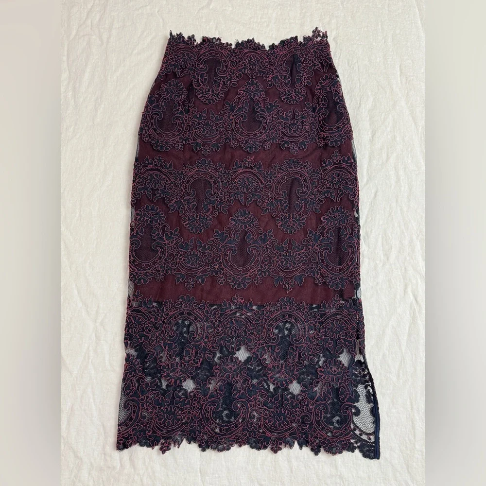 Sandro Paris Lace Overlay Burgundy & Blue Midi Pencil Skirt Size 2 Designer